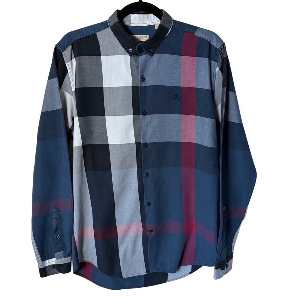 Burberry Brit Oversized Mega Check Shirt Men’s Large Blue Red Cotton Button Down